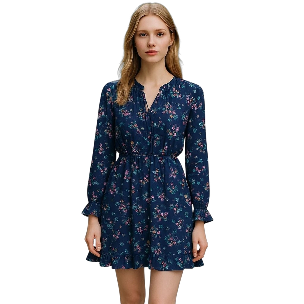P.S. Love Navy Floral Sheer Balloon Sleeve Ruffle Hem Lined Dress Women's Small